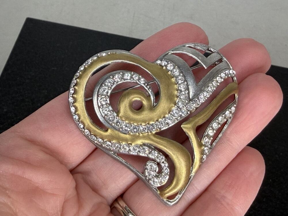 Signed Chico's Brooch Silver Gold Heart Rhinestone Swirl Pin